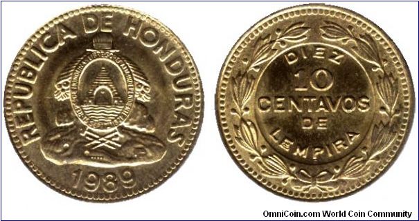 Honduras, 10 centavos, 1989, Brass.                                                                                                                                                                                                                                                                                                                                                                                                                                                                                 