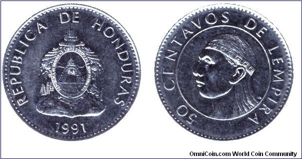 Honduras, 50 centavos, 1991, Ni-Steel, Indian head.                                                                                                                                                                                                                                                                                                                                                                                                                                                                 