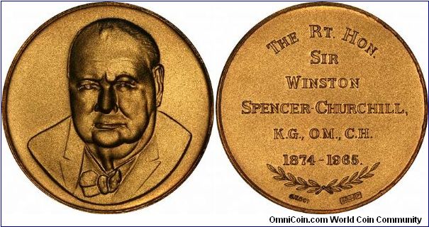 Large (57mm) gold medal of Sir Winston Churchill, by John Taylor (Silversmiths) Ltd, of London. Also issued in smaller (38mm) size. Bothe sizes were also issued in Sterling Silver, Silver Gilt, and Copper, making a n 8 piece set, issue limit 500 pieces. Comes complete in fitted box.