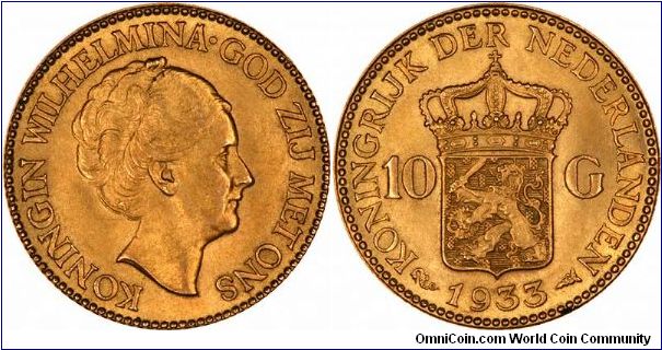 One of the very few gold coins issued anywhere in the world in 1933, the US double eagle for this year is famous, or perhaps infamous.  Dutch 10 guilders with Queen Wilhelmina on the obverse.