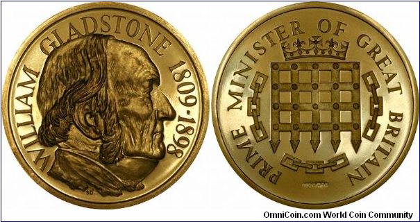 William Gladstone, 1809 - 1898. Another of 6 great British Prime Ministers commemorated on a set of gold medals, engraved by Stuart Devlin.