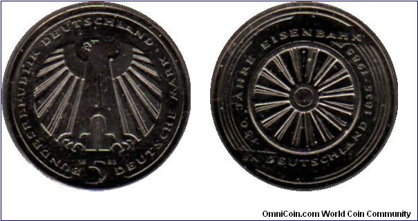 5 Deutsche Mark - 150 Years German Railroad