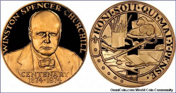 One of a trio of 22 carat gold medallions of Sir Winston Spencer Churchill by Gregory & Co Jewellers Ltd, issued for the centenary of Churchill's birth 1874 - 1974.