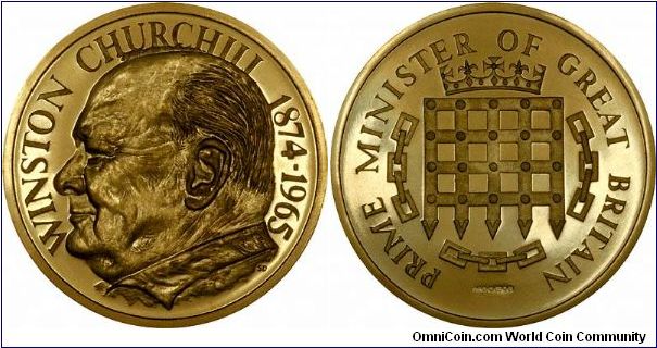 Churchill as Prime Minister of Great Britain, on 22 carat gold medallion, part of a set of 6 engraved by Stuart Devlin.