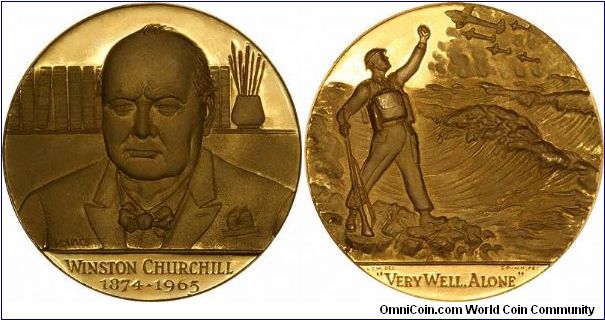 Large (57 mms) gold medallion, of Sir Winston Churchill, struck in 22 carat gold by Spink, with David Low's 'Very well, alone' cartoon on reverse.