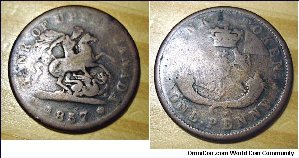 1857 Canadian (Upper Canada) bank token penny.