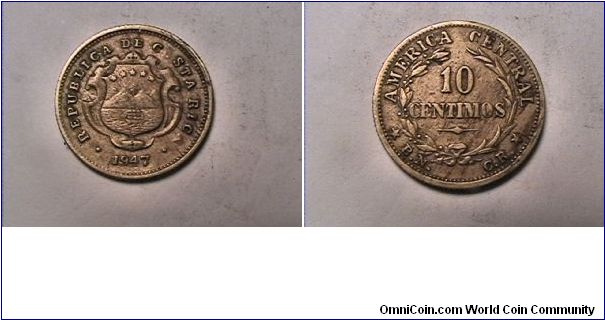 REPUBLICA DE COSTA RICA
AMERICA CENTRAL
10 CENTIMOS
1947 BNCR
brass