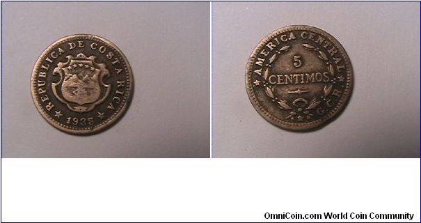 REPUBLICA DE COSTA RICA
AMERICA CENTRAL
5 CENTIMOS
1938-GCR
brass