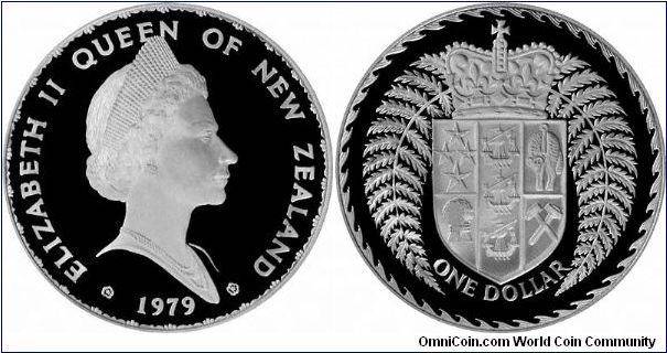 NZ chose what we consider an unusual portrait of the Queen on obverse of 1979 New Zealand silver proof one dollar. This is the 'regular' issue with coat of arms surrounded by a large fern on the reverse.