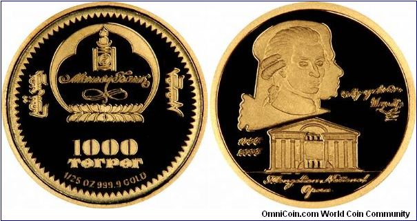 Wolfgang Amadeus Mozart & Mongolian National Opera House in the Mongolian capital of Ulaanbaatar on reverse of 2006 Mongolian 10 Togrog. All info and spellings as per the certificate. 'World's Finest Gold Miniatures Collection'