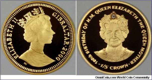 The Queen Mother wearing a head torch, or is it a miner's lamp? Actually it's a real diamond (gasp) in her diamond tiara, on a one fifth ounce gold proof crown coin issued on the occasion of her Centenary. We quote it on our website as a great example of how not to invest in coins.