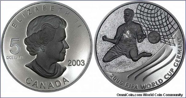 Silver $5 for the 2006 FIFA World Cup football in Germany.