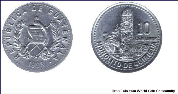 Guatemala, 10 centavos, 1993, Cu-Ni, Monolito de Quirigua.                                                                                                                                                                                                                                                                                                                                                                                                                                                          