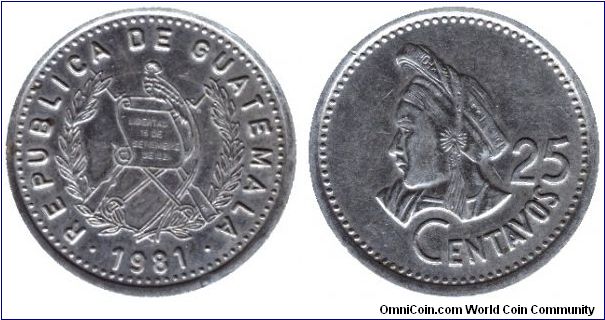 Guatemala, 25 centavos, 1981, Cu-Ni, Indian head.                                                                                                                                                                                                                                                                                                                                                                                                                                                                   