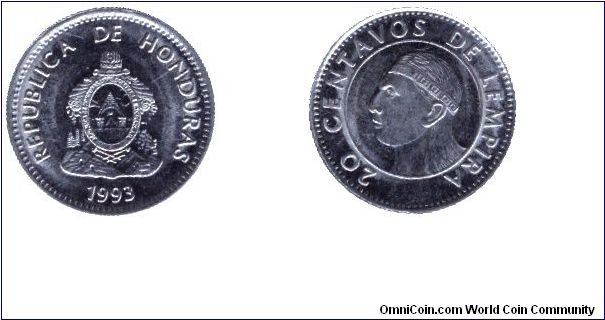 Honduras, 20 centavos, 1993, Ni-Steel, Indian head.                                                                                                                                                                                                                                                                                                                                                                                                                                                                 