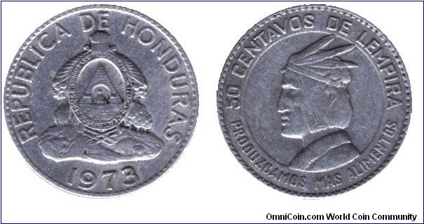 Honduras, 50 centavos, 1973, Cu-Ni, FAO, Chief Lempira.                                                                                                                                                                                                                                                                                                                                                                                                                                                             