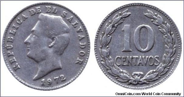El Salvador, 10 centavos, 1972, Cu-Ni, General Francisco Morazan.                                                                                                                                                                                                                                                                                                                                                                                                                                                   
