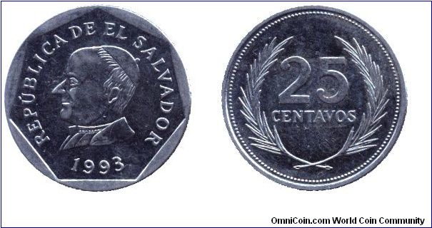 El Salvador, 25 centavos, 1993, Steel, Jose Matias Delgado.                                                                                                                                                                                                                                                                                                                                                                                                                                                         
