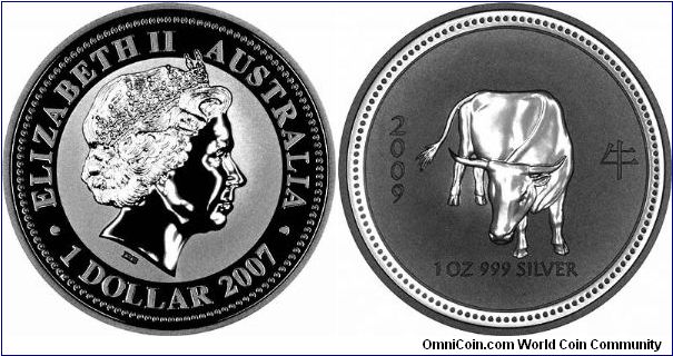 2009 Lunar Year of the Ox one ounce silver bullion Australian dollar struck by Perth Mint. In stock now! These are dual dated 2007 & 2009.