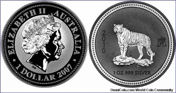 Chinese Lunar Calendar Tiger. The last in the present series of Australian silver bullion coins struck by Perth Mint. Dual-dated 2007 on the obverse, 2010 on the reverse.