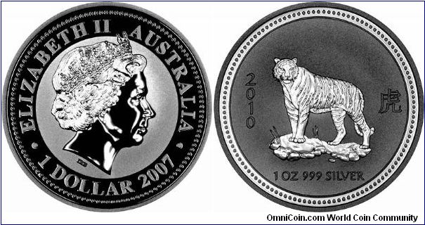 Chinese Lunar Calendar Tiger. The last in the present series of Australian silver bullion coins struck by Perth Mint. Dual-dated 2007 on the obverse, 2010 on the reverse.