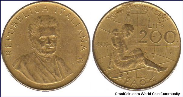 200 Lire - Maria Montessori - International Women's Year - many small dents.