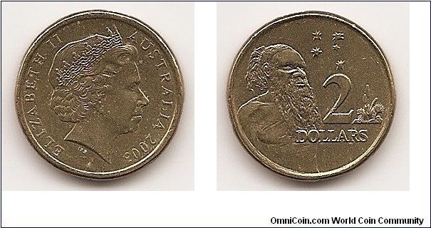 2 Dollars
KM#406
6.6000 g., Aluminum-Bronze, 20.62 mm. Ruler: Elizabeth II
Obv: Head right Obv. Designer: Ian Rank-Broadley Rev:
Aboriginal man at left, stars above at right Rev. Designer: Horst
Hahn Edge: Reeded, smooth alternating edge