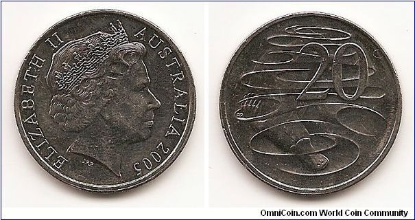 20 Cents
KM#403
11.3000 g., Copper-Nickel, 26.87 mm. Ruler: Elizabeth II Obv:
Head with tiara right Obv. Designer: Ian Rank-Broadley Rev:
Duckbill Platypus Rev. Designer: Stuart Devlin Edge: Reeded