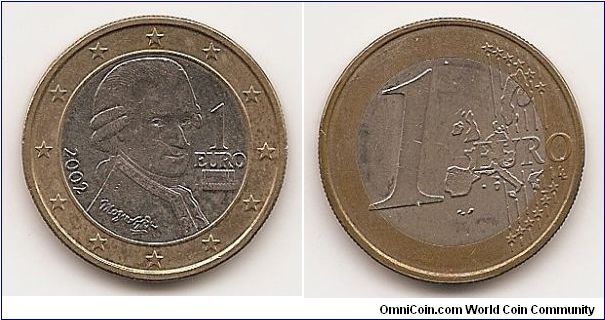1 Euro
KM#3088
7.5000 g., Bi-Metallic Copper-Nickel center in Brass ring,
23.25 mm. Obv: Bust of Mozart right within inner circle, stars in
outer circle Obv. Designer: Josef Kaiser Rev: Value at left, relief
map of European Union at right Rev. Designer: Luc Luycx Edge:
Reeded and plain sections