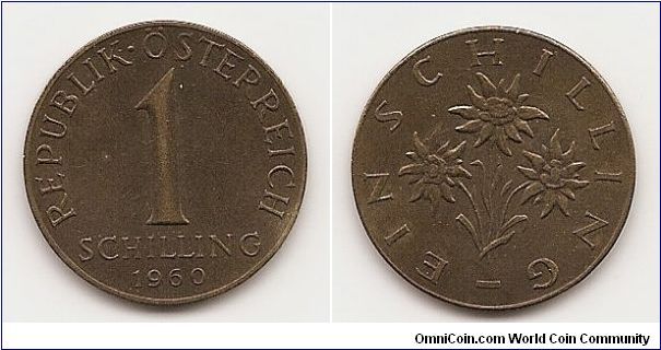 1 Schilling
KM#2886
4.2000 g., Aluminum-Bronze, 22.5 mm. Obv: Large value above
date Rev: Edelweiss flower Edge: Plain