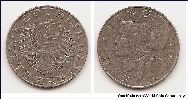 10 Schilling
KM#2918
6.2000 g., Copper-Nickel Plated Nickel, 26 mm. Obv: Imperial
Eagle with Austrian shield on breast, holding hammer and sickle
Rev: Woman of Wachau left, value and date right of hat
