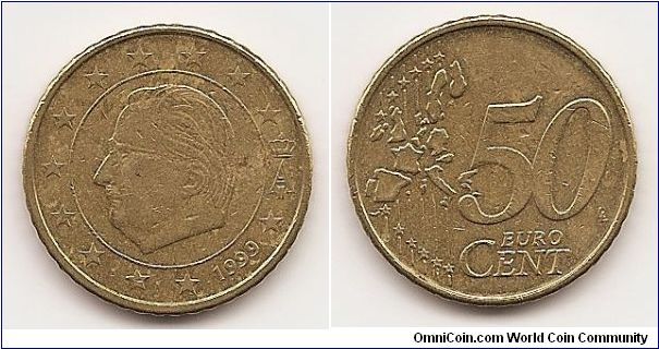 50 Euro cents
KM#229
7.8100 g., Brass, 24.2 mm. Ruler: Albert II Obv: Head left within
circle, stars 3/4 surround, date below Rev: Denomination and
map Edge: Reeded
