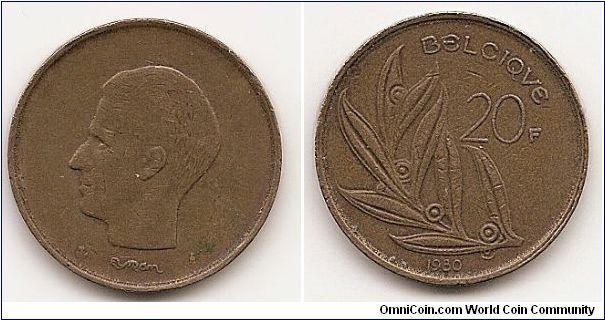 20 Francs
KM#159
8.5000 g., Nickel-Bronze, 25.65 mm. Obv: Head, left Rev:
Denomination at right above stylized spray, legend in French Rev.
Leg.: BELGIQUE