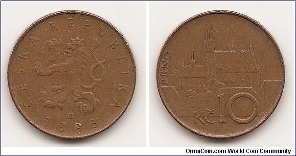 10 Korun
KM#4
7.6200 g., Copper Plated Steel, 24.5 mm. Obv: Crowned Czech
lion left, date below Rev: Brno Cathedral, denomination below
Edge: Milled Note: Position of designer's initials on reverse
change during the 1995 strike.