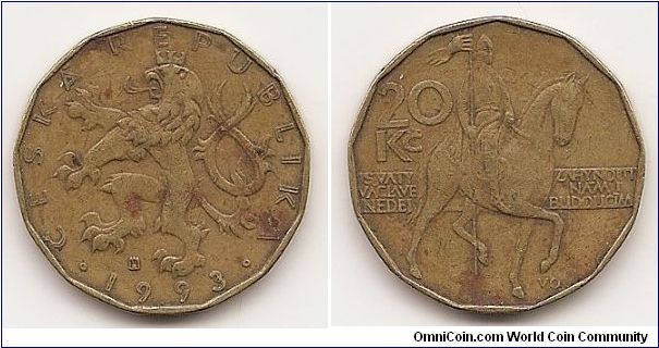 20 Korun
KM#5
8.4300 g., Brass Plated Steel, 26 mm. Obv: Crowned Czech lion
left, date below Rev: St. Wenceslas (Duke Vaclav) on horse Edge:
Plain Note: Two varieties of mint marks and style of 9's exist for 1997.