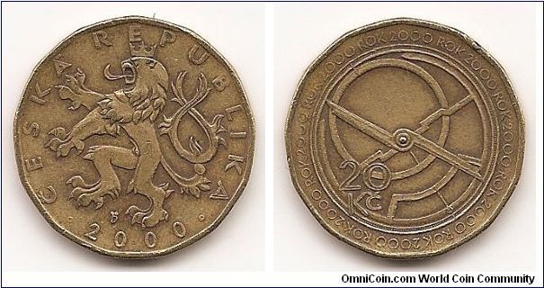 20 Korun
Year 2000
KM#43
8.4300 g., Brass Plated Steel, 26 mm. Subject: Year 2000 Obv:
Crowned Czech lion left, date below Rev: Astrolab and
denomination within circle Edge: Plain