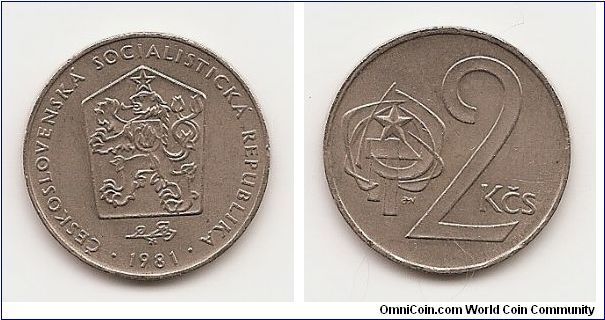 2 Koruny
Czechoslovakia
KM#75
Copper-Nickel, 24 mm. Obv: Czech lion with socialist shield
within shield, date below Rev: Star above hammer and sickle,
large value at right Edge: Plain with crosses and waves