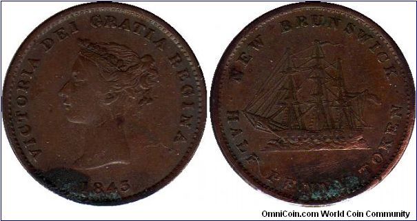 New Brunswick - 1/2 penny token (Corroded, scratched) Due to a currency shortage the government of New Brunswick entered a contract to procure new coppers. The British government was furious and rebuked the local government who then told the Colonial office in London that the contract had been cancelled. They then went ahead and quietly obtained these pieces from Bolton & Watt of Soho. The British didn't find out until 1853 when the new Lt. Governor put in an application for more.