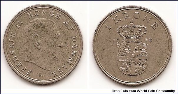 1 Krone
KM#851.1
6.8000 g., Copper-Nickel, 25.5 mm. Ruler: Frederik IX Obv:
Older head right, titles, mint mark, initials C-S Rev: Crowned and
quartered royal arms divide date, value above