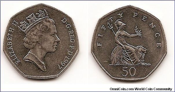 50 Pence
KM#940.2
8.0000 g., Copper-Nickel, 27.3 mm. Ruler: Elizabeth II Obv:
Crowned head right Rev: Britannia seated right Note: Reduced
size.