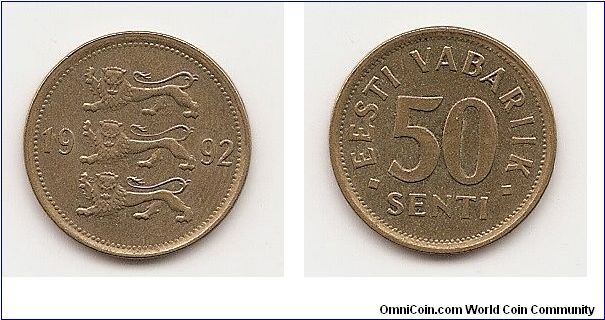 50 Senti
KM#24
2.9000 g., Brass, 19.5 mm. Obv: Three lions left divide
date Rev: Denomination Edge: Plain