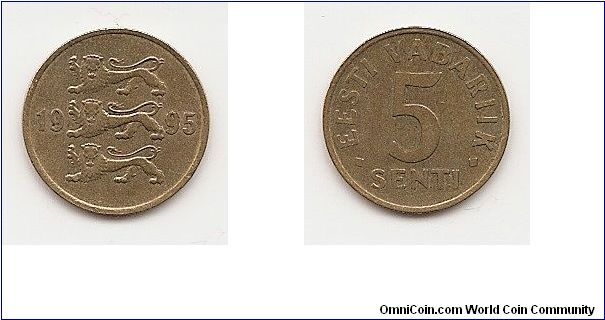 5 Senti
KM#21
1.2900 g., Brass, 15.9 mm. Obv: Three lions left divide
date Rev: Denomination Edge: Plain