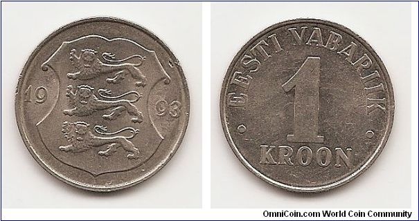 1 Kroon
KM#28
5.4400 g., Copper-Nickel, 23.5 mm. Obv: Three lions within
shield divide date Rev: Large, thick denomination Edge: Plain