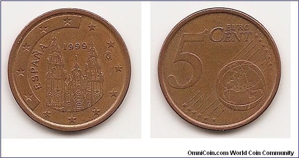 5 Euro cents
KM#1042
3.8600 g., Copper Plated Steel, 21.2 mm. Ruler: Juan Carlos I
Obv: Cathedral of Santiago de Compostela Rev: Value and globe
Edge: Plain