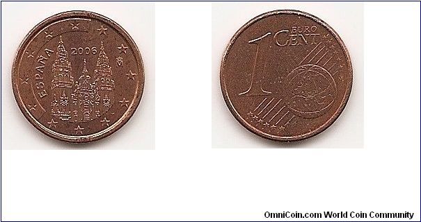 1 Euro cent
KM#1040
2.2700 g., Copper Plated Steel, 16.2 mm. Ruler: Juan Carlos I
Obv: Cathedral of Santiago de Compostela Obv. Designer:
Garcilano Rollan Rev: Value and globe Rev. Designer: Luc
Luycx Edge: Plain