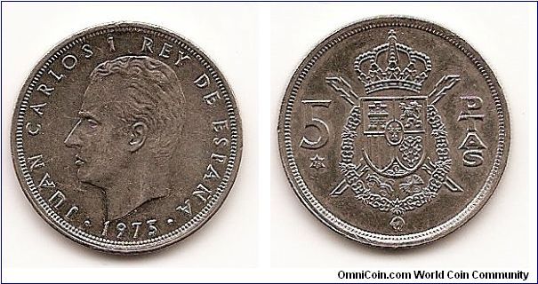 5 Pesetas
KM#807
5.7500 g., Copper-Nickel, 23 mm. Ruler: Juan Carlos I Obv:
Head left Rev: Crossed scepters and shield within wreath divides
value, crown on top Edge: Reeded