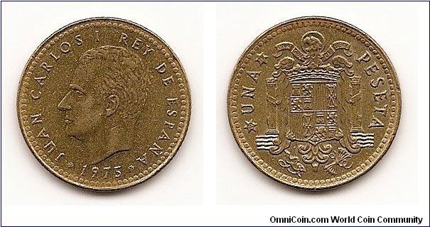 1 Peseta
KM#806
Aluminum-Bronze, 21 mm. Ruler: Juan Carlos I Obv: Head left
Rev: Crowned shield within eagle flanked by pillars with banner
Edge: Reeded