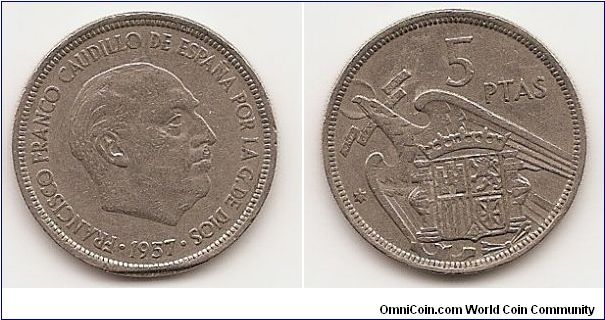 5 Pesetas
KM#786
5.7500 g., Copper-Nickel, 23 mm. Ruler: Caudillo and regent
Obv: Head right Rev: Crowned shield within flying bird Edge:
Reeded Note: Values in uncirculated  by 50% or more when
the PLUS in legend is not readable. This defect is most often
seen on coins struck before 1968.