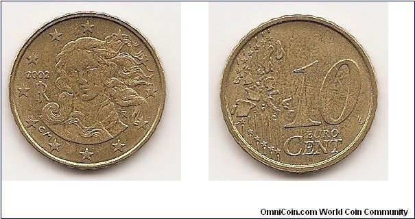10 Euro cents
KM#213
4.0700 g., Brass, 19.7 mm. Obv: Venus by Botticelli Obv.
Designer: Claudia Momoni Rev: Value and map Rev. Designer:
Luc Luycx Edge: Reeded