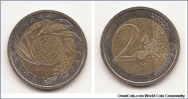 2 Euros
KM#237
8.5300 g., Bi-Metallic Aluminum-Bronze center in Copper-Nickel
ring, 25.7 mm. Obv: World Food Program globe within circle
Rev: Value and map within circle Edge: Reeded and lettered
Edge Lettering: 2's and stars